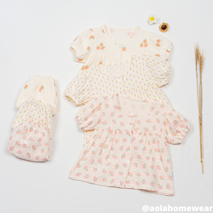 Bộ bé gái xô muslin babydoll tay phồng Áo Lá Homewear A006, đồ bé gái vải xô đũi họa tiết hoa nhí dễ thương