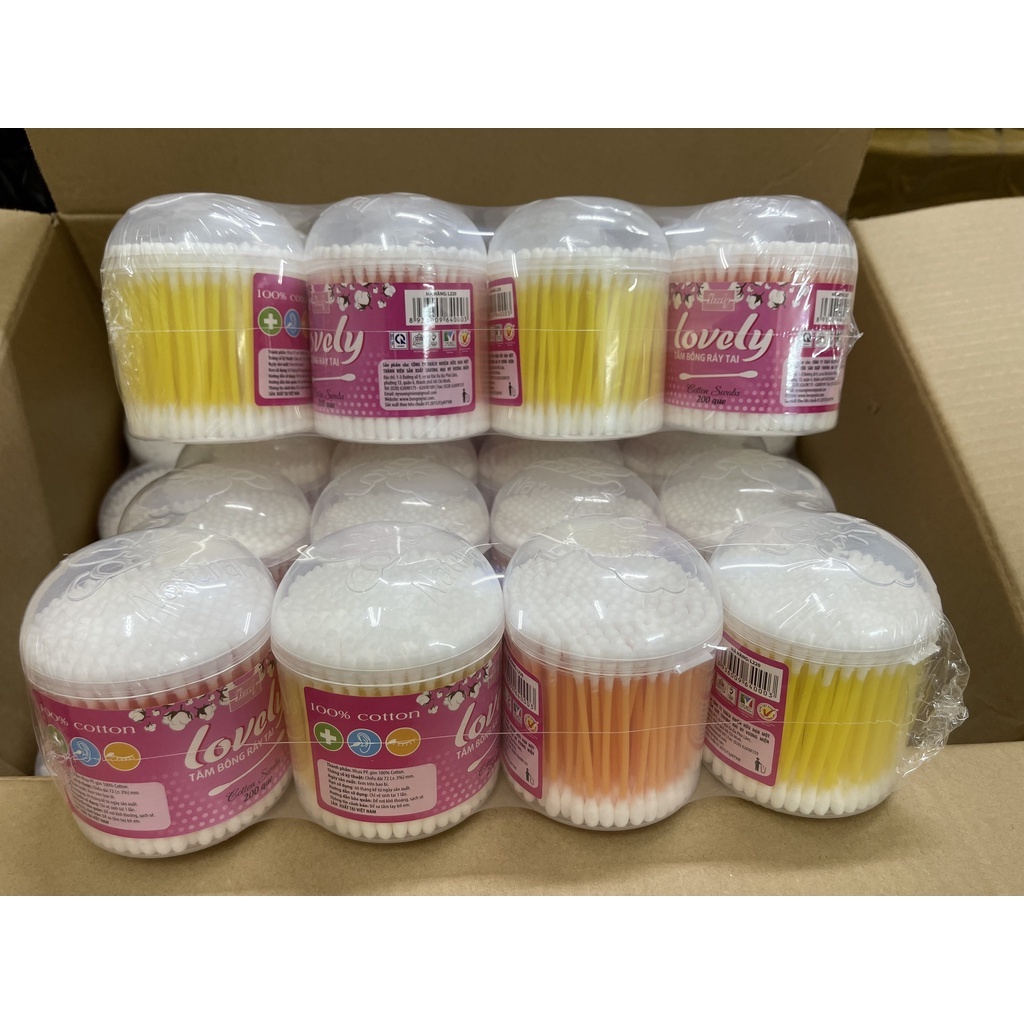 Tăm bông ráy tai Lovely que nhựa 100% bông cotton tự nhiên, hộp 200 que