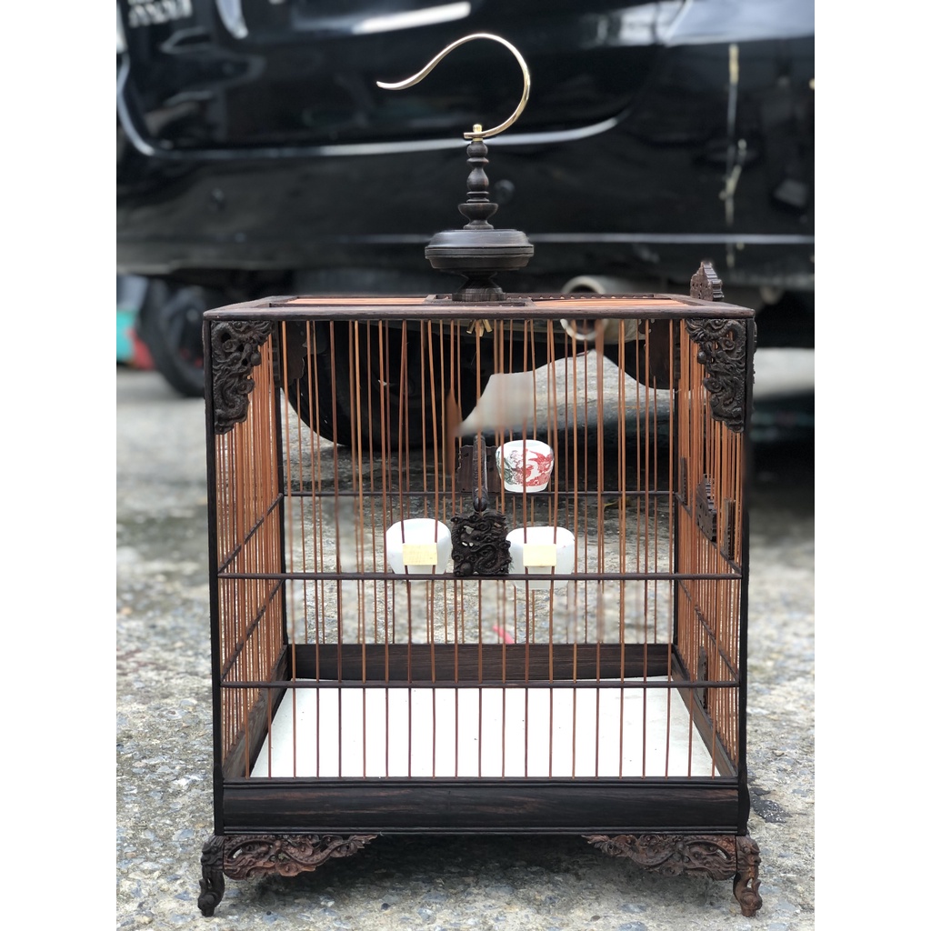 Lồng chim chào mào gỗ mun đuôi công Vuông đấu trụ tròn đục Rồng kèm đủ phụ kiện LC01 Lồng chim Kabosa