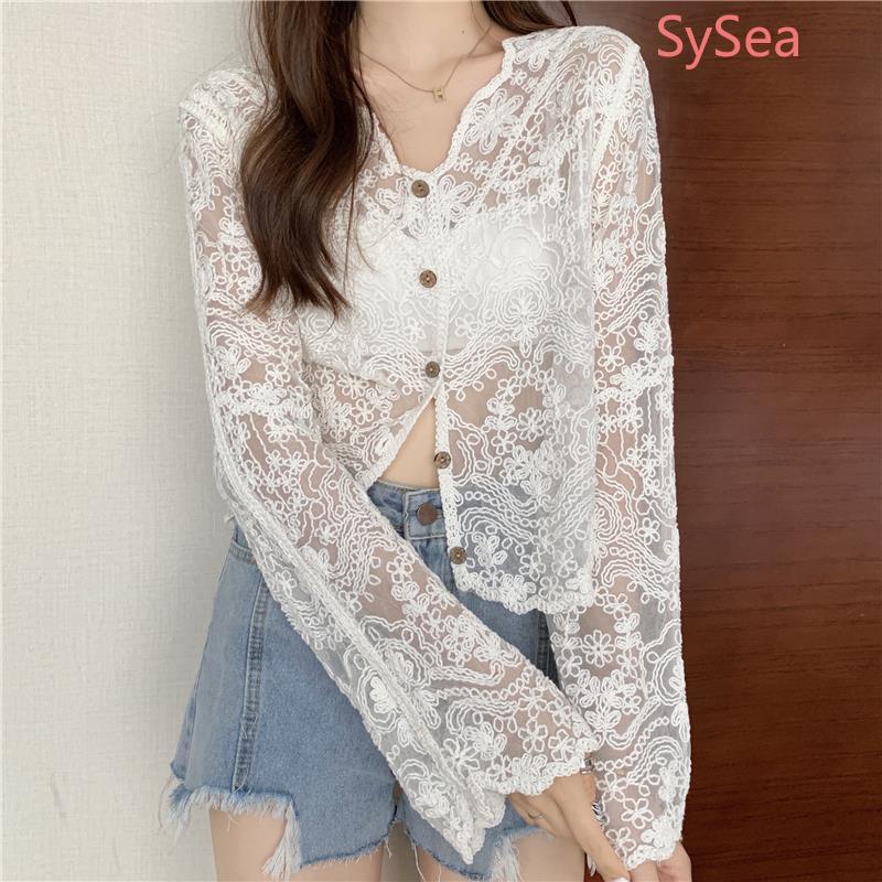 Áo kiểu tay dài cổ chữ V phối ren gợi cảm thời trang dành cho nữ