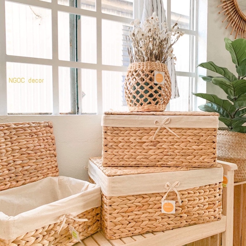 Xưởng Bán Sỉ bộ 3 giỏ chữ nhật lục bình bộ giỏ cói chữ nhật giỏ cói đựng đồ giỏ lục bình đựng đồ chuẩn Vintage