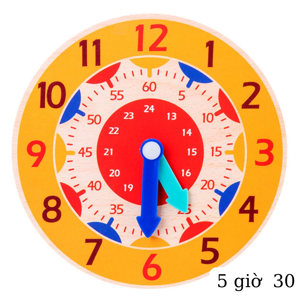 Đồng hồ gỗ đồ chơi học xem giờ cho trẻ em, đồng hồ gỗ 14cm đa dạng màu sắc MALABEO KIDS