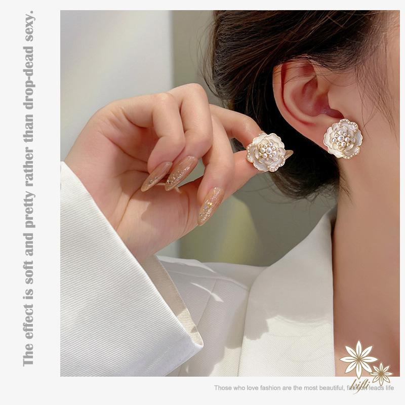 Bông Tai Mạ Bạc 925 Hình Hoa Trà Đính Ngọc Trai Phong Cách Hàn Quốc Thời Trang Cho Nữ