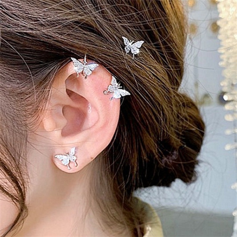Bông Tai Mạ Bạc 925 Hình Bướm Đính Kim Cương Giả (Kẹp Tai) Đơn Giản Không Cần Lỗ Tai A504