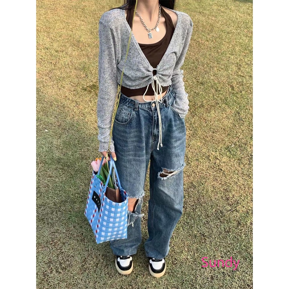 Set Áo Hai Dây + Áo Khoác Cardigan Màu Trơn Thời Trang Mùa Hè Phong Cách Hàn Quốc Cho Nữ