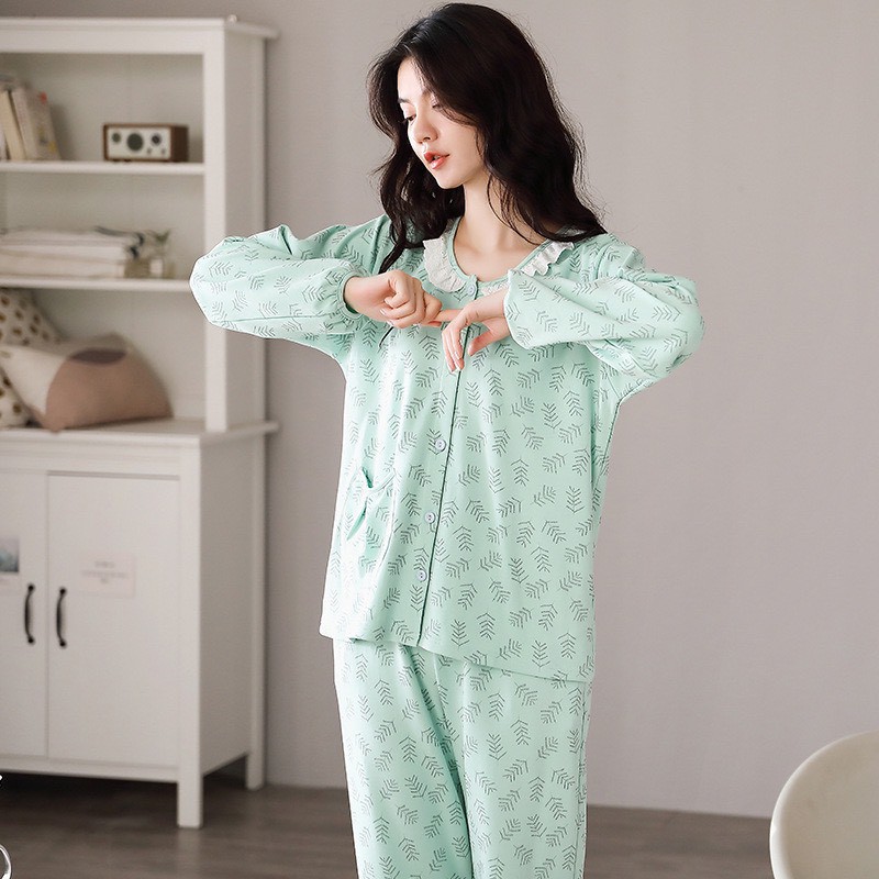 Bộ pijama cổ bèo cotton thu đông mặc nhà Quảng Châu cao cấp co giãn 4 chiều