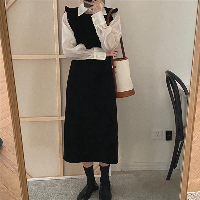 Set Áo Tay Dài Xuyên Thấu + Chân Váy Nhung Màu Trơn Thời Trang 39601 Cho Nữ