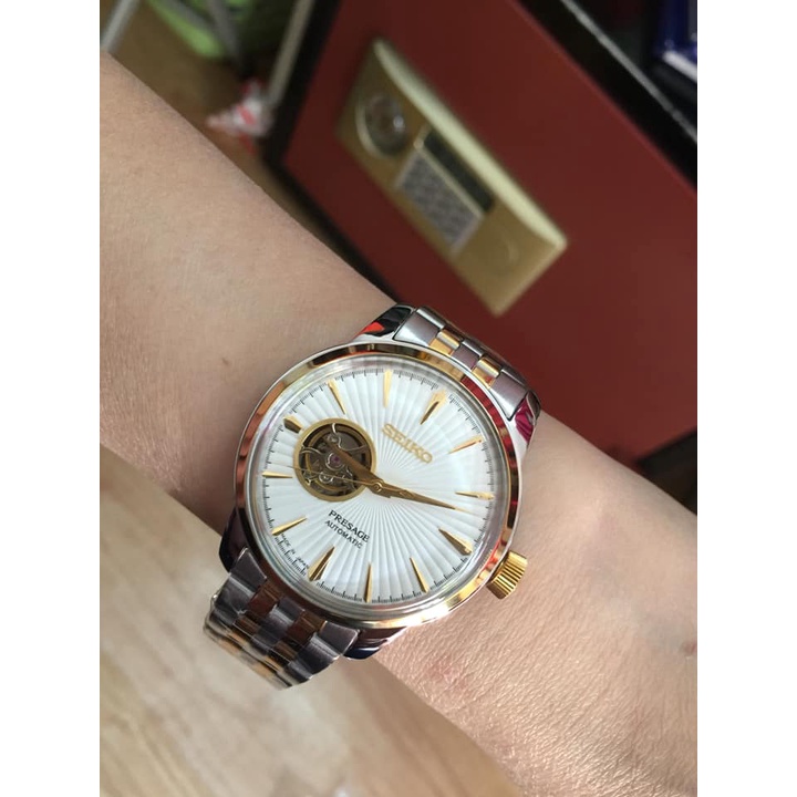 Đồng hồ Nam seiko hở vành tóc chạy cơ automatic mặt trắng vỏ vàng dây đơ mi trắng pha vàng máy Nhật 40mm