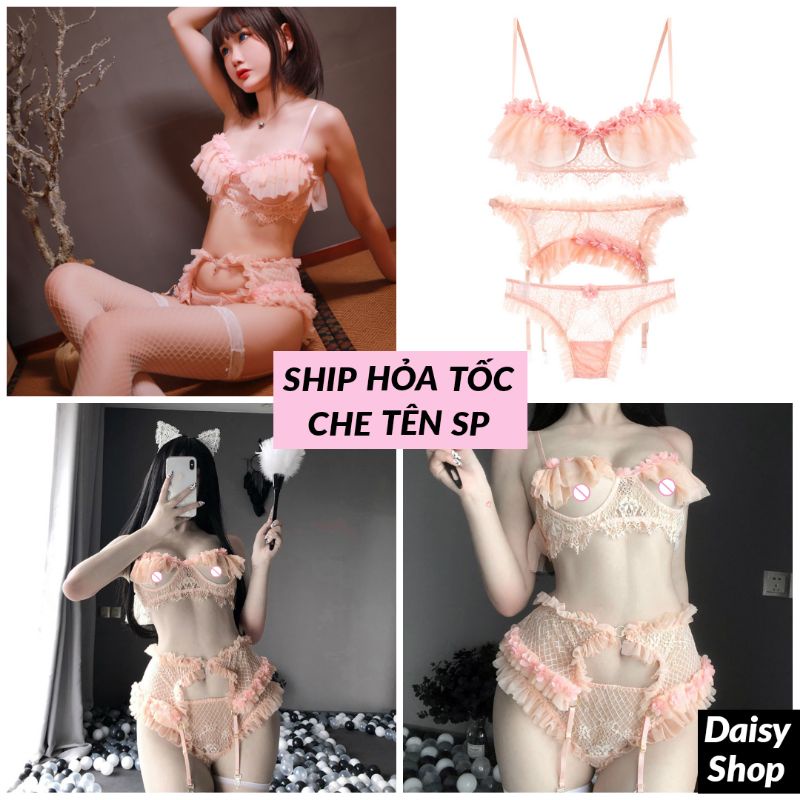 Set nội y cao cấp cam hồng ren nhún sexy - bộ đồ lót gợi cảm kèm kẹp nịt tất choker đùi | BigBuy360 - bigbuy360.vn