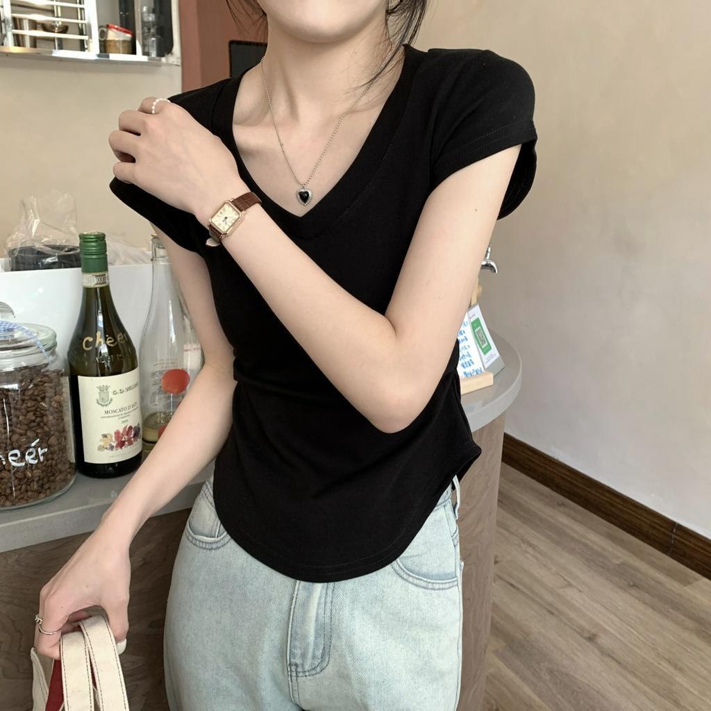 Xiaozhainv Áo Thun Tay Ngắn Cổ Chữ V Màu Trơn Dáng Ôm Thời Trang Mùa Hè Cho Nữ