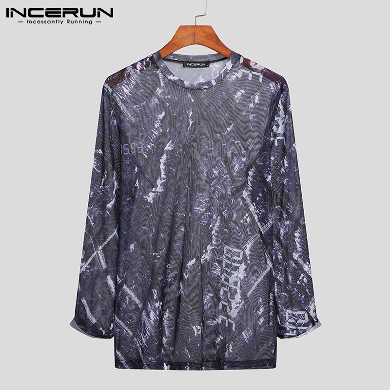 Áo kiểu INCERUN dành cho nam thiết kế tay dài cổ tròn co giãn vải lưới trong suốt mùa hè