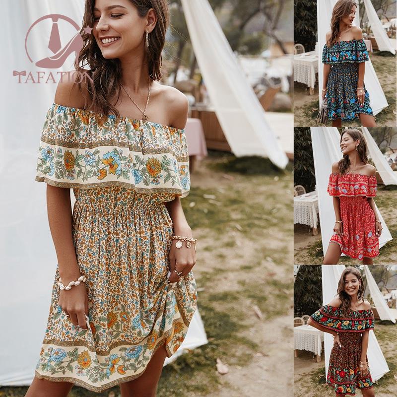 Đầm trễ vai in hoa phong cách Bohemian thời trang mùa hè cho nữ