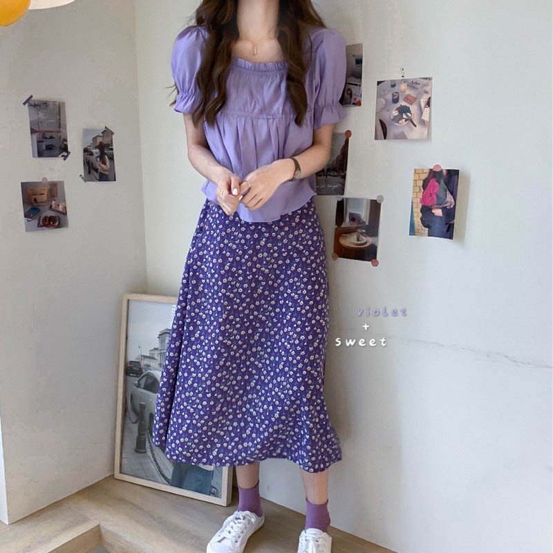 (SẴN HÀNG) Chân váy hoa nhí midi màu tím retro dáng dài style vintage Hàn Quốc điệu hè 2020 | BigBuy360 - bigbuy360.vn