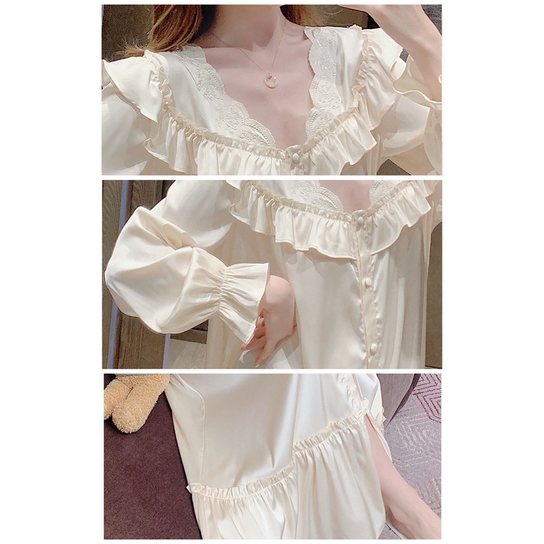 Đồ ngủ Tay Dài Phối Ren 2 Màu Tùy Chọn Phong Cách Pháp