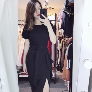 Váy body ngắn tay xẻ đùi đai eo vuông v009 kymie