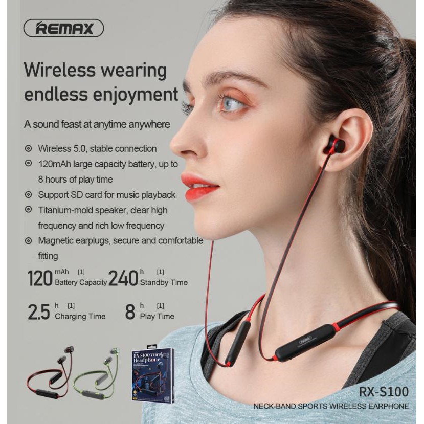 Tai nghe bluetooth Remax RX-S100 Neck-band Sports V5.0, pin dùng 10H, có khe gắn thẻ nhớ