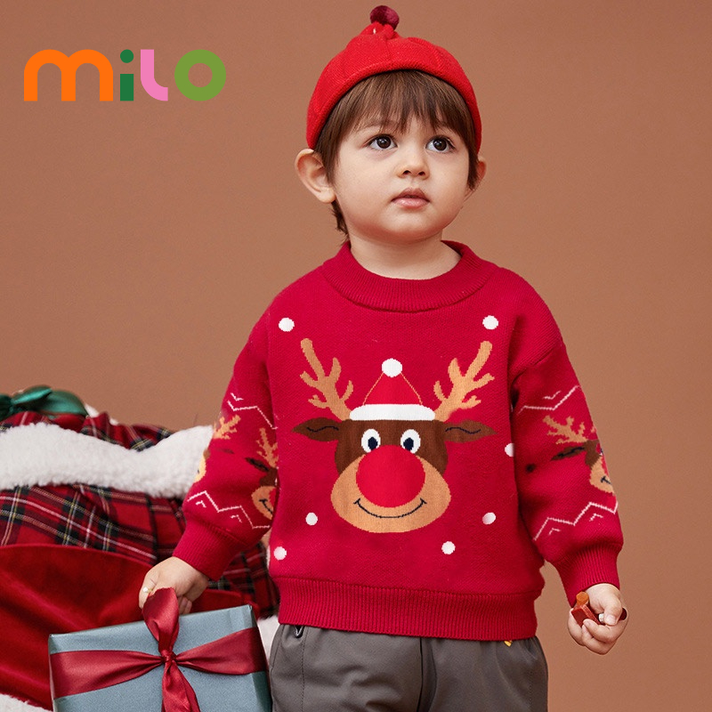Milo Áo sweater Dệt Kim Chui Đầu Hai Lớp Màu Đỏ Phong Cách Giáng Sinh Thu Đông Ấm Áp Giản Dị Dành Cho Trẻ Em