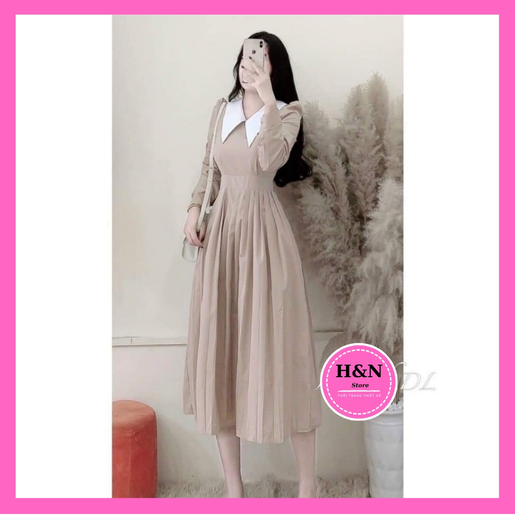  Váy nữ thiết kế dập ly tay dài, Đầm xòe trẻ trung thanh lịch HN clothing V25