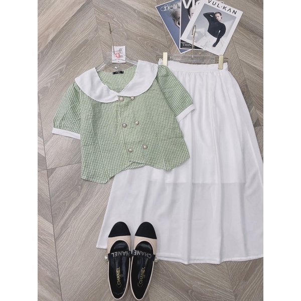 SÉT ÁO VÁY KẺ Ô CỔ SEN ÁO CHẤT ĐŨI NHĂN KẺ Ô XANH NGỌC HÀNG L1