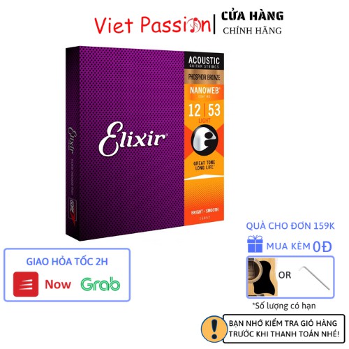 Dây đàn guitar acoustic ELIXIR 16027 Phosphor Bronze Nanoweb cỡ 11 dây đàn Elixir chính hãng nhập khẩu Viet Passion
