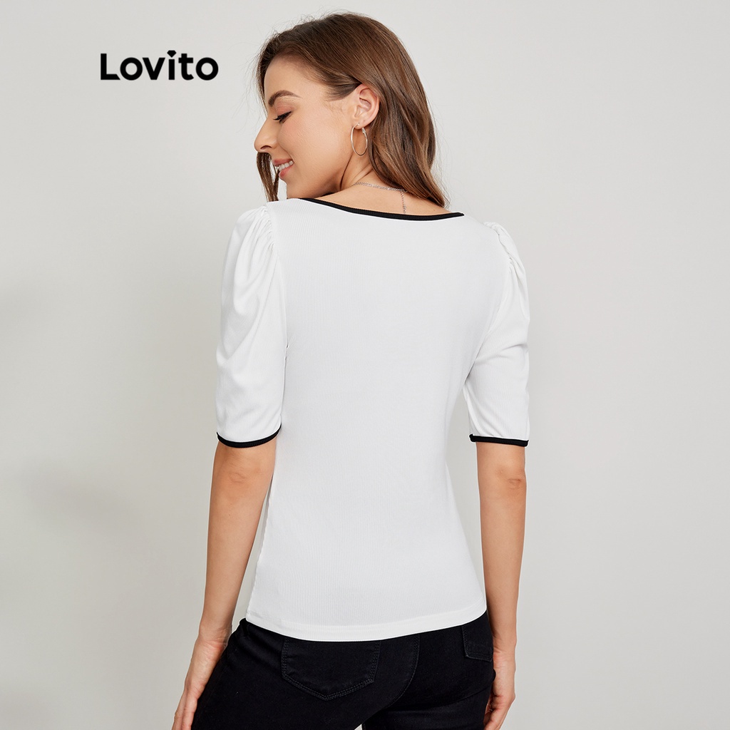 Lovito Áo thun tay phồng tương phản trơn thanh lịch L24ED067 (Đen và Trắng)