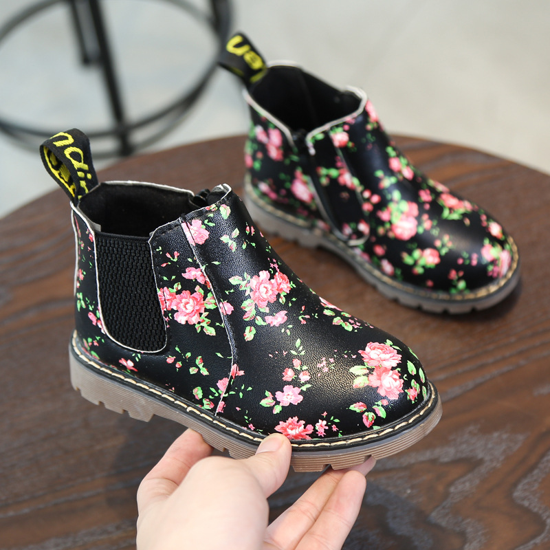 1-12Yrs Kids Martin Boots Girls Print Flower Boots Black Pu Leather Anti-slip Shoes Size 21-36