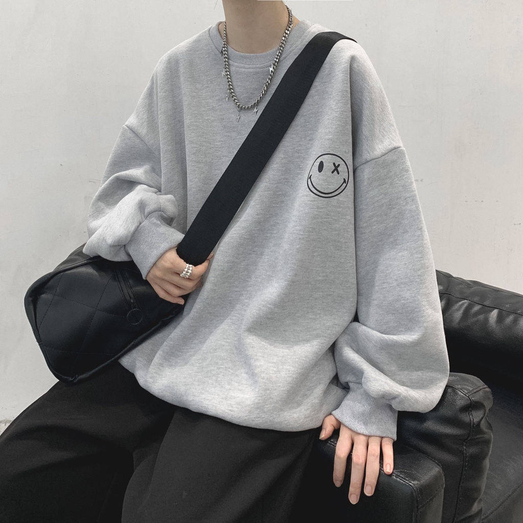 Áo sweater cổ tròn tay dài dáng rộng in hình mặt cười phong cách đường phố Hong Kong thời trang thu đông cho nam