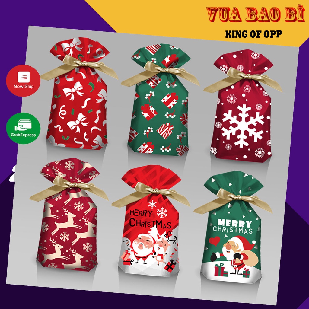 Túi đựng bánh kẹo thủ công có dây rút hoạ tiết Giáng sinh 50 túi/sp - VUA BAO BÌ