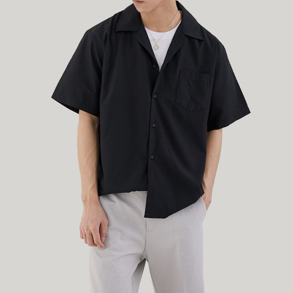 Áo sơ mi nam ngắn tay Cuban Shirt form rộng Túi ngực, cổ vest chất vải lụa mát
