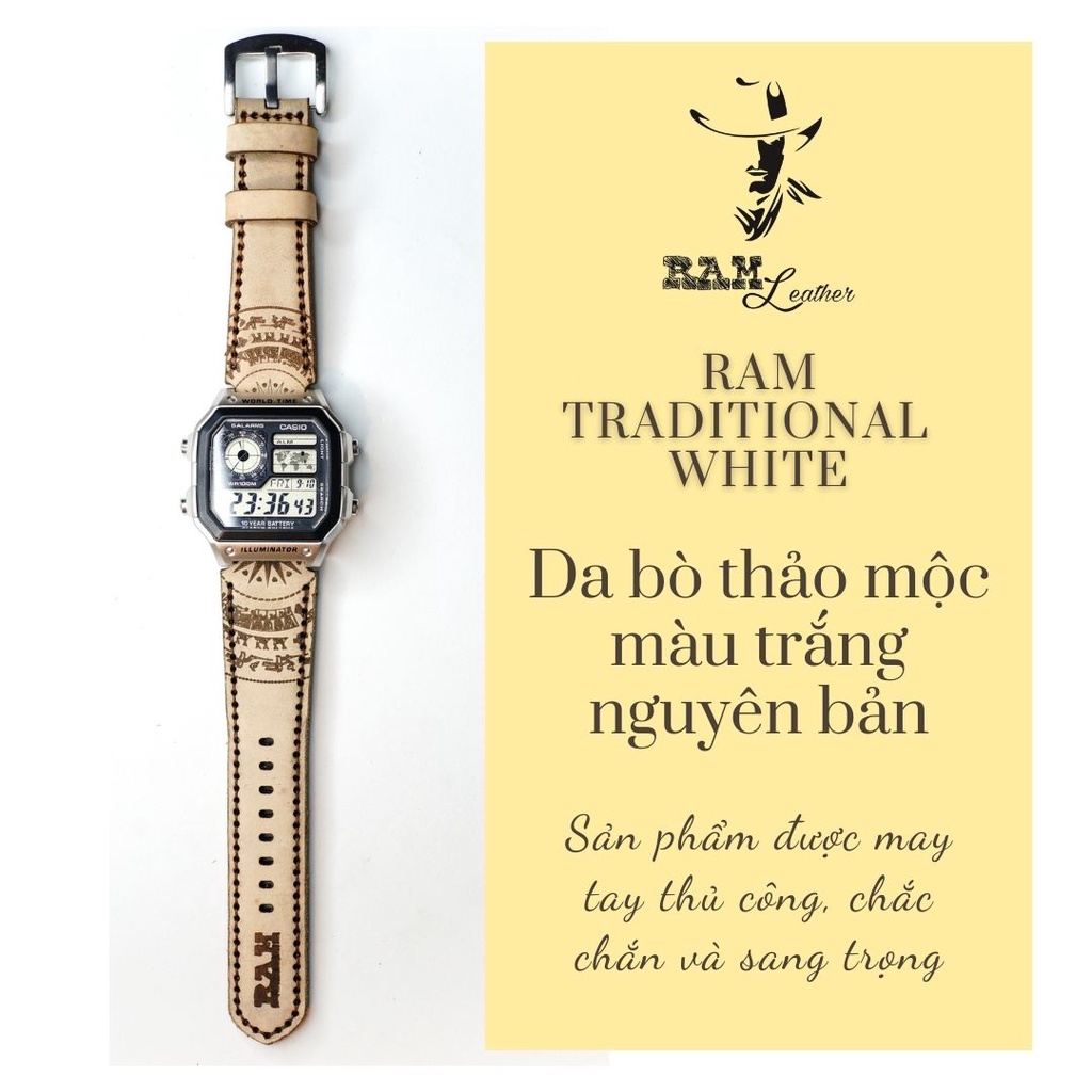 Dây đồng hồ RAM Leather vintage Trống Đồng Việt Nam da bò Italia vegtan trắng tinh khôi