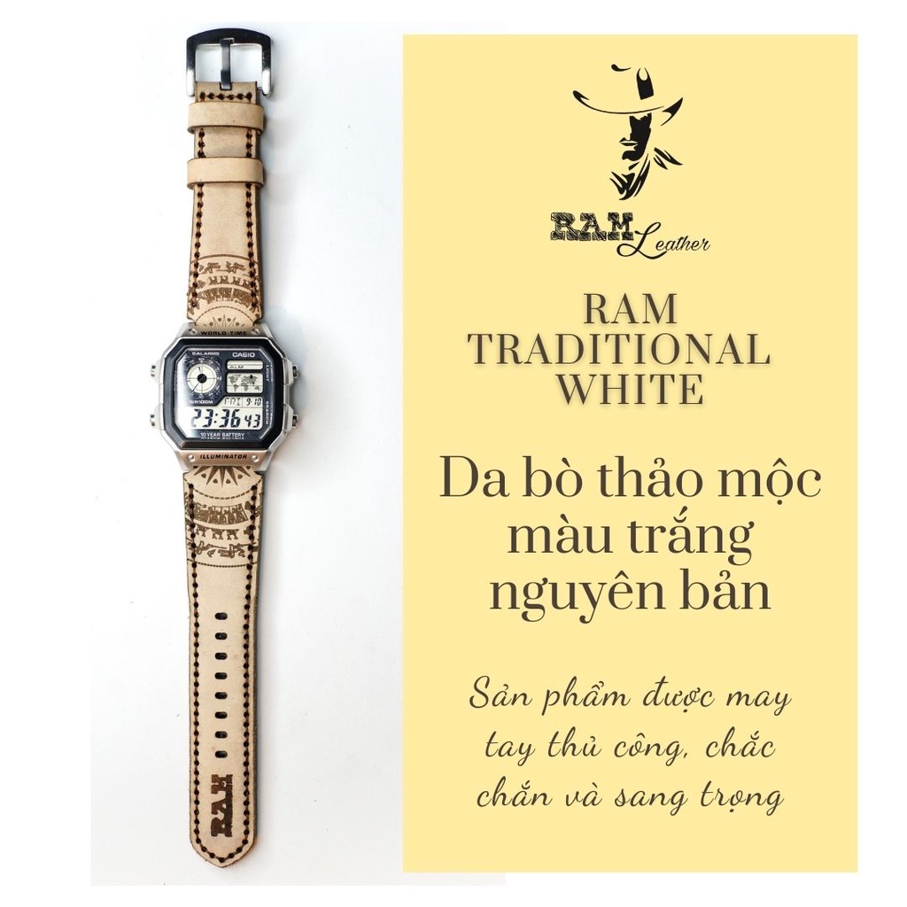 Dây đồng hồ RAM Leather cho CASIO 1200, AE 1200, 1300, 1100, A159 , A168 , Size 18 da bò cao cấp