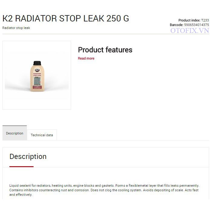 K2 Radiator Stop Leak - dung dịch tự bịt chỗ rò rỉ do thủng, hở mối nối, gioăng két nước ô tô