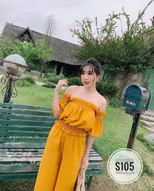 [Sale] 55-90kg Bigsize  SET ÁO TRỄ VAI QUẦN ỐNG SUÔNG LƯNG CAO S105