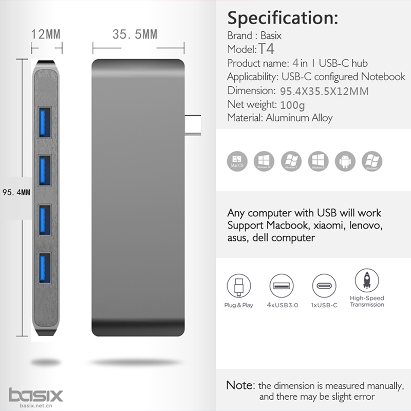 Bộ Chia 4 Cổng Usb 3.0 Hub Usb 3.1 Type C Bằng Nhôm Cho Macbook