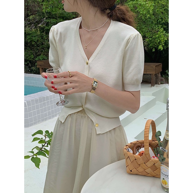 Áo Cardigan Dệt Kim Tay Phồng Ngắn Cổ Chữ V Thời Trang Mùa Hè Cho Nữ