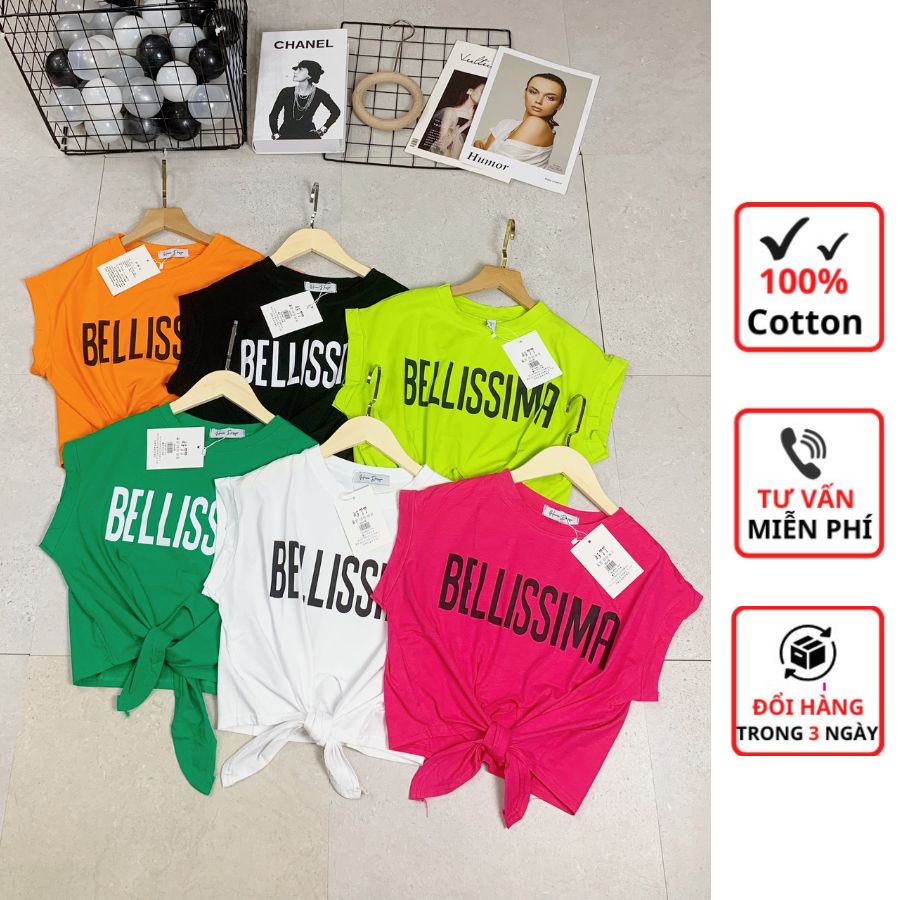 Áo Croptop nữ, áo thun croptop tay chờm dây buộc thiết kế trẻ trung cá tính in hình chữ BELLISSIMA