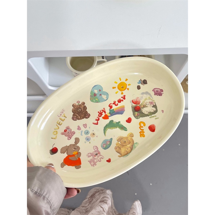 Bộ Chén Đĩa Sứ Màu Kem Tráng Miệng In Hình Gấu Dễ Thương Phong Cách Hàn Quốc
