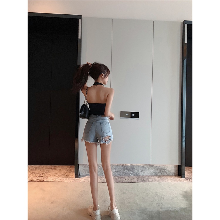 DUNEA Quần short denim rách lưng cao phong cách Hàn Quốc gợi cảm cho nữ