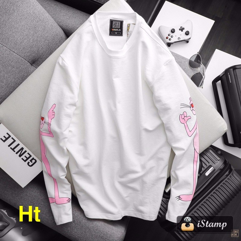 Áo thun trắng dài tay 2 tay in báo Hồng