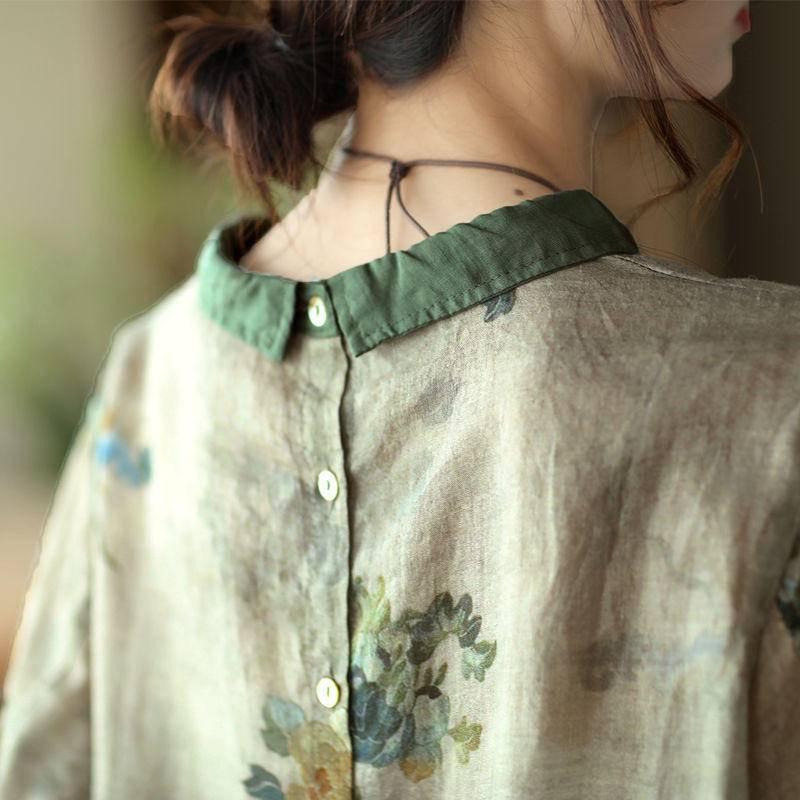 Áo Sơ Mi Vải Lanh Cotton Dáng Rộng In Họa Tiết Thổ Cẩm Kiểu Retro Thời Trang Mùa Hè Thu Cho Nữ