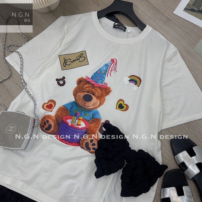 Sét áo phông gấu nơ đen + quần xù