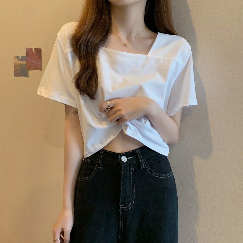 Áo Thun Croptop Tay Ngắn Cổ Vuông Siêu Cute