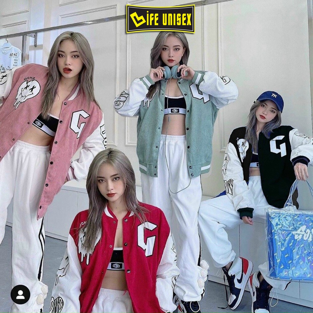 Áo Khoác Bomber Nhung Tăm GONZ Nam Nữ Ulzzang Unisex Có Nút, Áo Khoác Nhung Form Rộng LIFE UNISEX