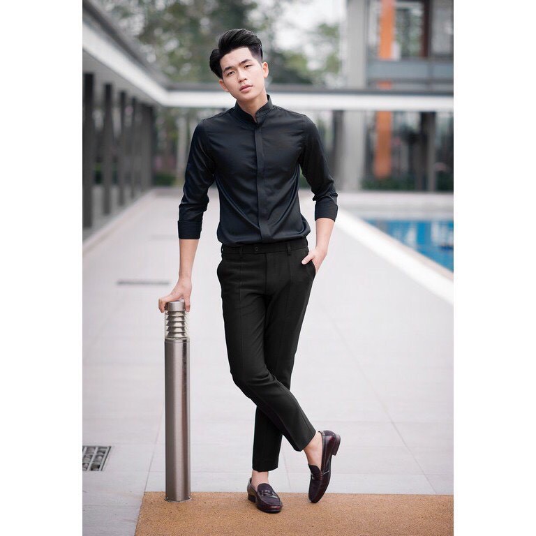 Sơ mi nam trơn ZA-RA dài tay cổ trụ cao cấp - Hàng xuất dư