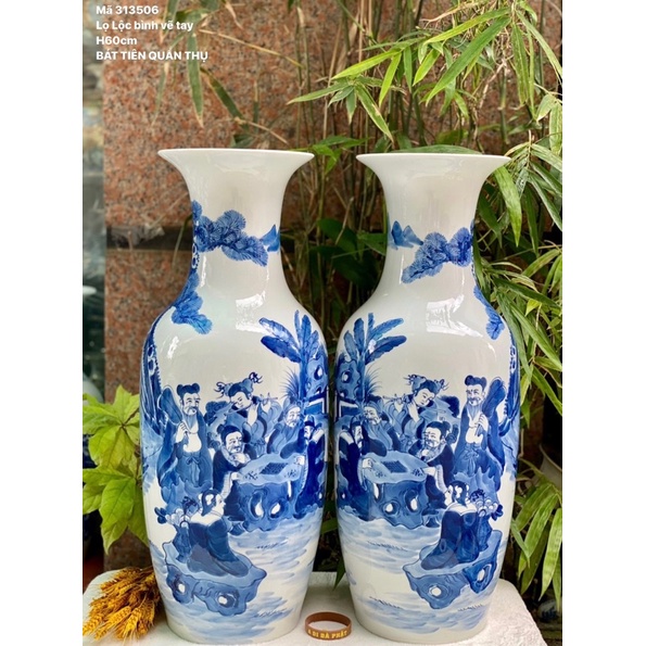 Set 2 lọ Lộc bình H60cm men lam, họa tiết vẽ thủ công. Gốm sứ Bát Tràng cao cấp
