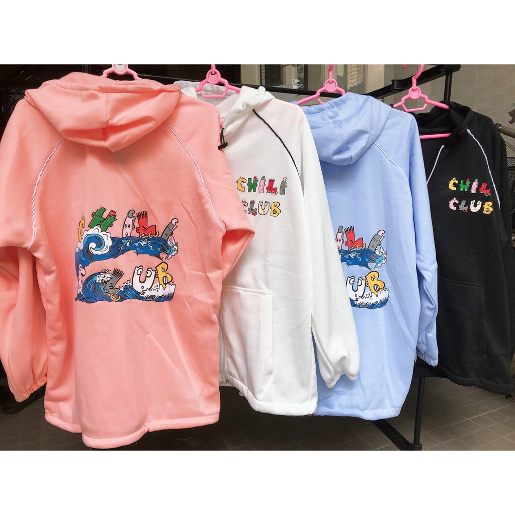 Áo khoác nỉ nam nữ form rộng, có dây kéo, chống nắng in hình CHILL CLUB cực xinh (ảnh thật)