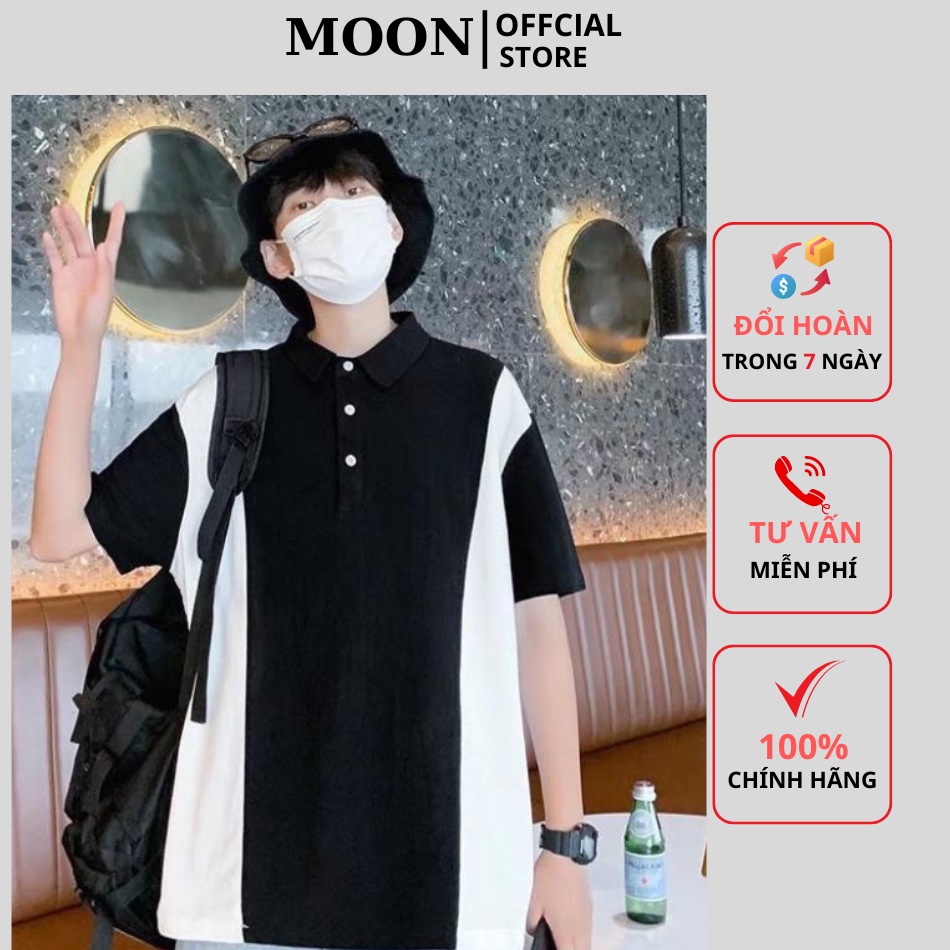 Áo thun Unisex form rộng tay lỡ có cổ, phối màu đen trắng vừa đơn giản vừa cá tính, chất cotton 100% thoáng mát