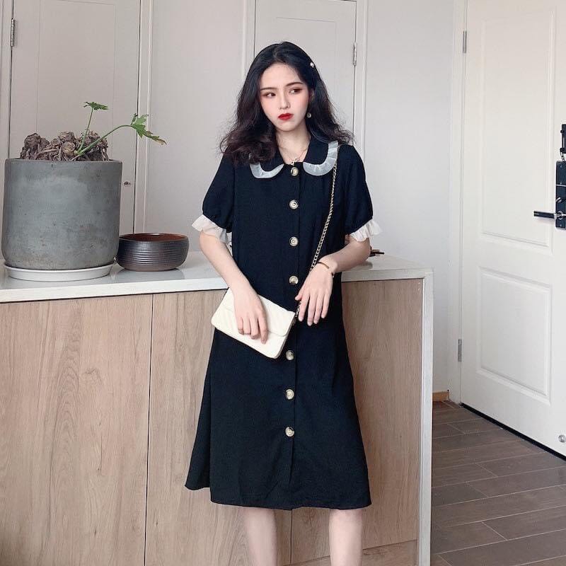 Váy bầu thiết kế dáng xuông nhún cổ