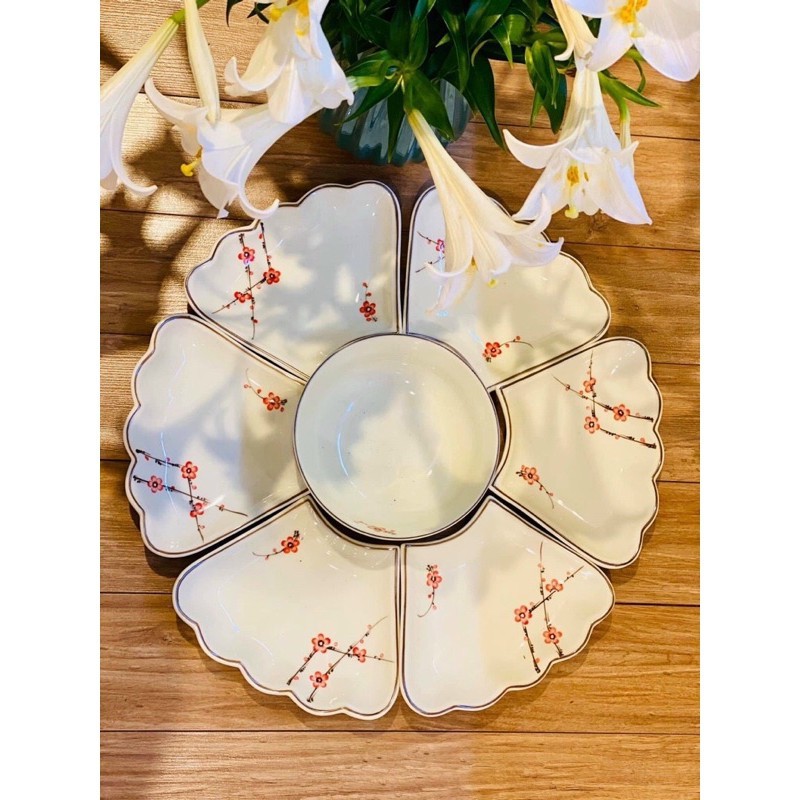 Bộ bát đĩa hoa mặt trời - hoa hướng dương trắng trơn