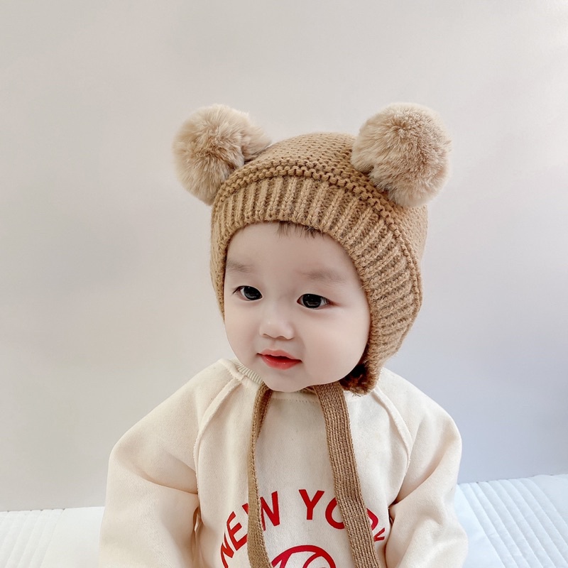 Mũ len tuần lộc, cục bông mùa đông xinh xắn cho bé trai bé gái 6-24 tháng